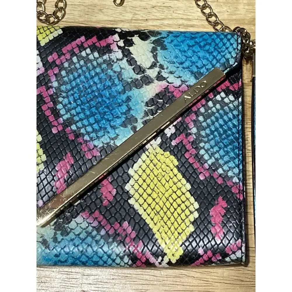 Aldo Snake Print Clutch Purse Envelope Crossbody Bag Colorful‎ Yellow Pink Black